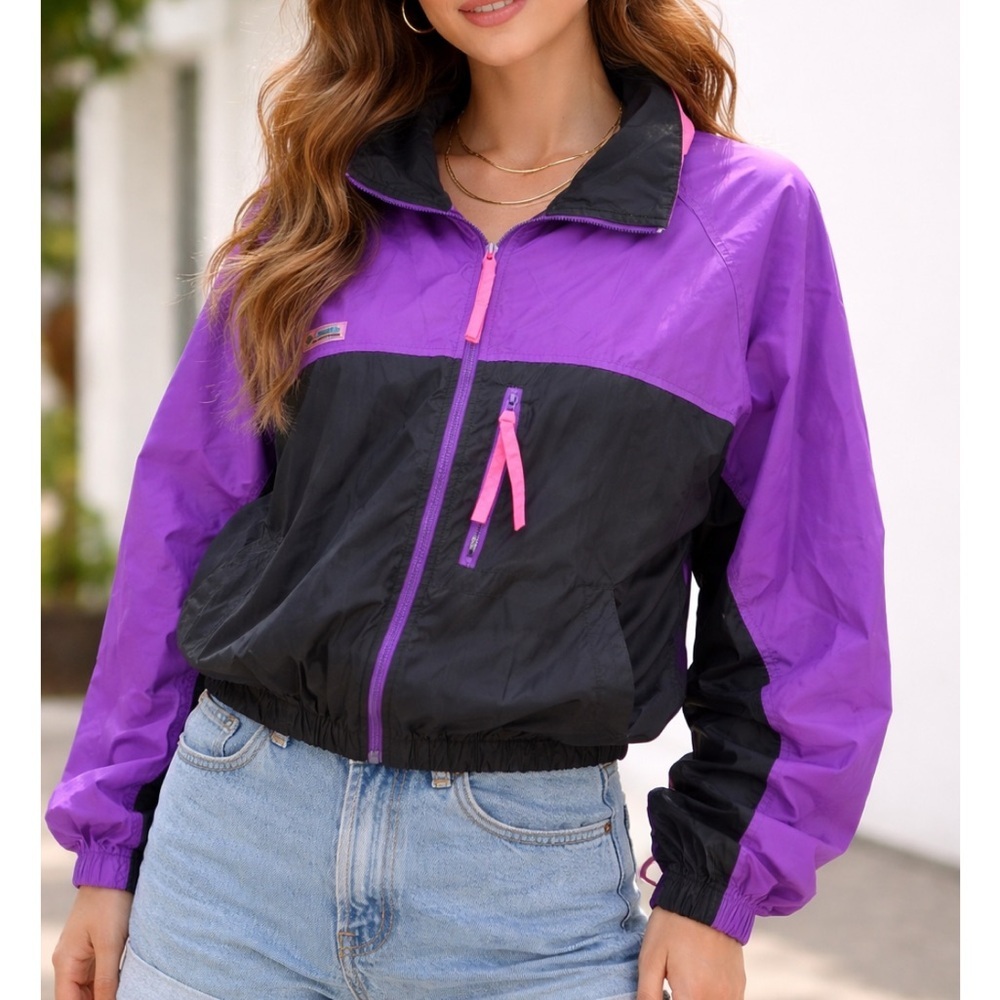 Columbia Vintage Women's Colorblock Windbreaker Jacket in Purple and Black